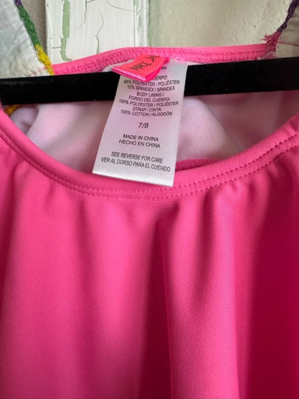 Girls Betsy Johnson Neon Pink bathing suit top with Rainbow Knit Straps